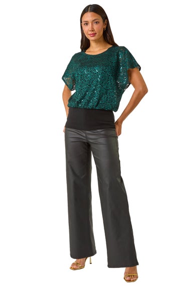 Roman Green Sequin Lace Overlay Stretch Top