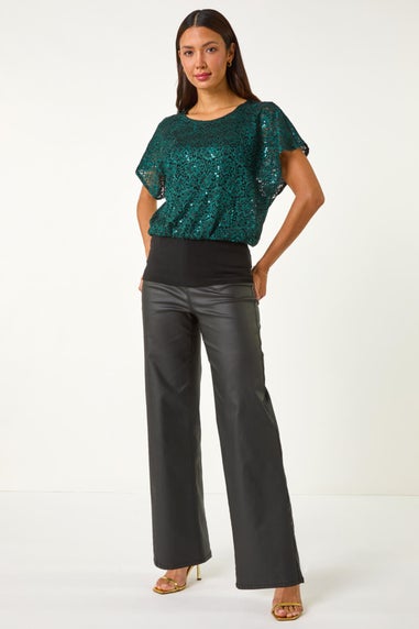 Roman Green Sequin Lace Overlay Stretch Top