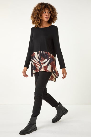 Roman Black 2 in 1 Abstract Print Chiffon Hem Top