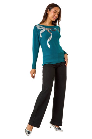 Roman Teal Sequin Bow Slash Neck Jumper