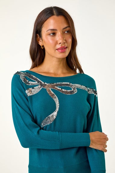 Roman Teal Sequin Bow Slash Neck Jumper