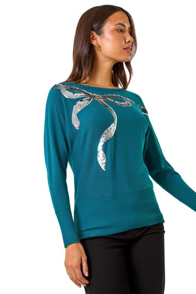 Roman Teal Sequin Bow Slash Neck Jumper