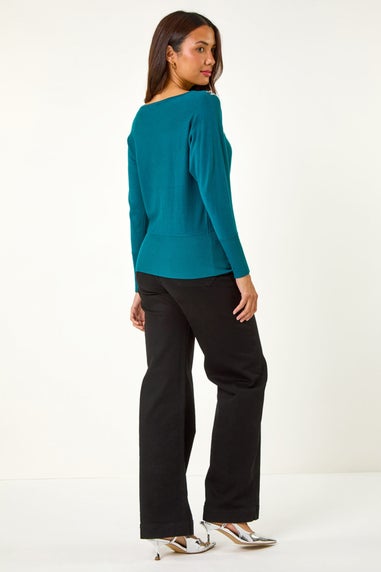 Roman Teal Sequin Bow Slash Neck Jumper