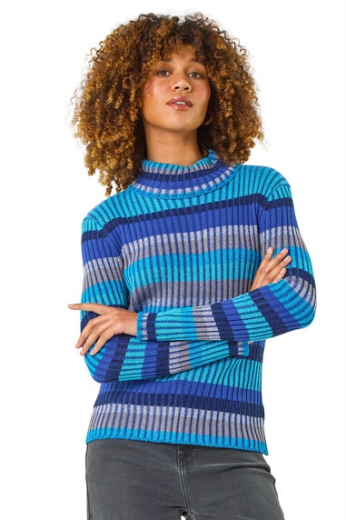 Roman Blue Roll Neck Stripe Print Ribbed Knit Jumper