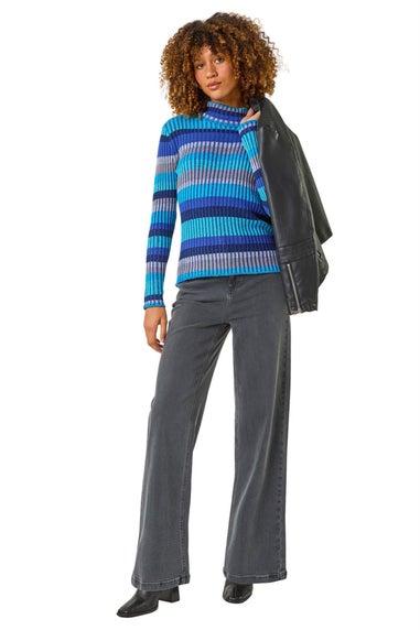 Roman Blue Roll Neck Stripe Print Ribbed Knit Jumper