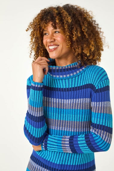 Roman Blue Roll Neck Stripe Print Ribbed Knit Jumper