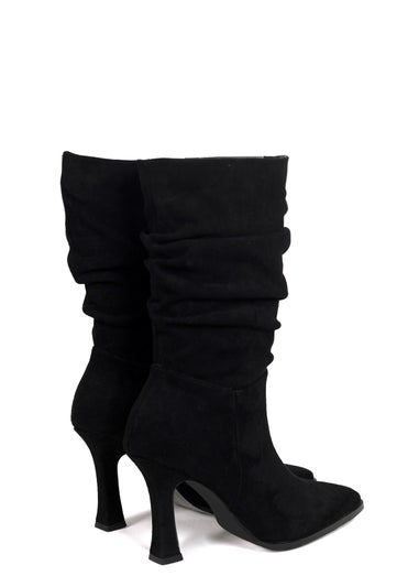 Linzi Dusk Black Faux Suede Mid Length Ruched Heeled Boot