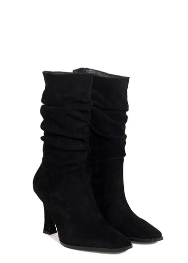 Linzi Dusk Black Faux Suede Mid Length Ruched Heeled Boot