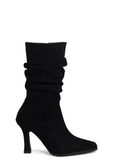 Linzi Dusk Black Faux Suede Mid Length Ruched Heeled Boot