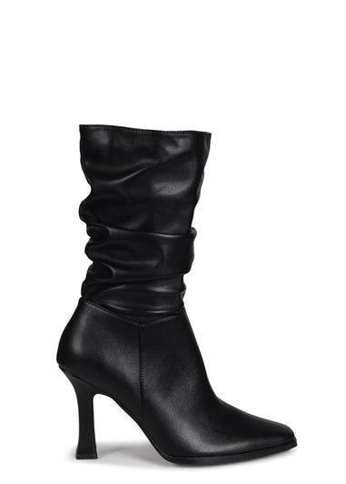 Linzi Dusk Black Faux Leather Mid Length Ruched Heeled Boot