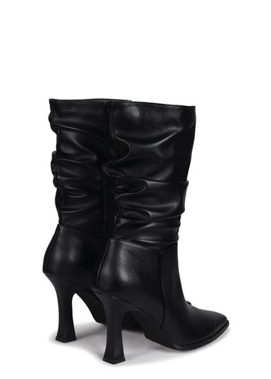 Linzi Dusk Black Faux Leather Mid Length Ruched Heeled Boot