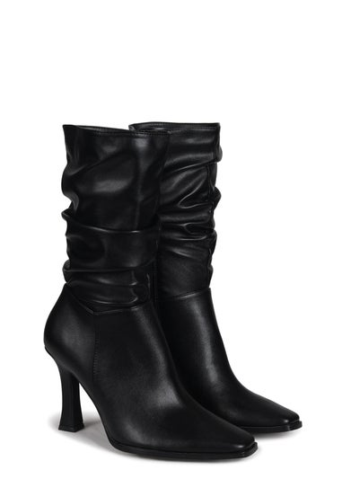 Linzi Dusk Black Faux Leather Mid Length Ruched Heeled Boot