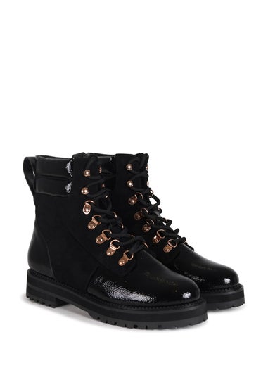 Linzi Lincoln Black Faux Patent & Suede Military Style Boot