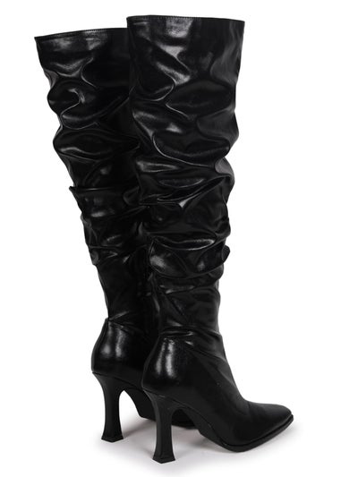 Linzi Berry Black Faux Leather Long Ruched Heel Boot