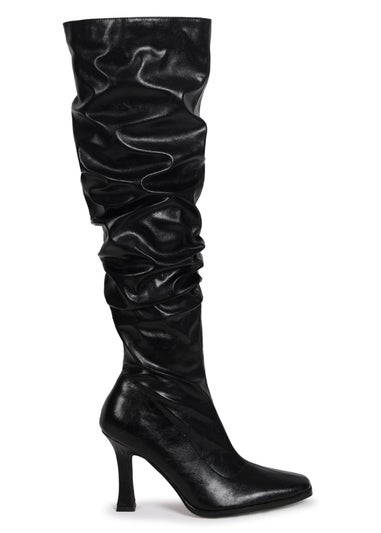 Linzi Berry Black Faux Leather Long Ruched Heel Boot