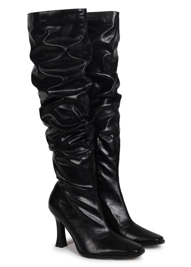 Linzi Berry Black Faux Leather Long Ruched Heel Boot