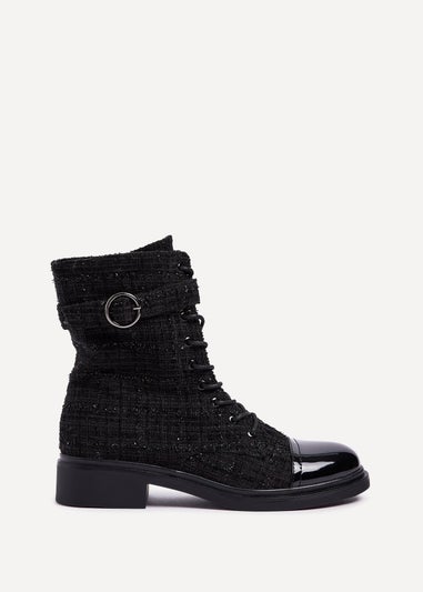 Linzi Francesca Black Tweed & Patent Military Style Boots