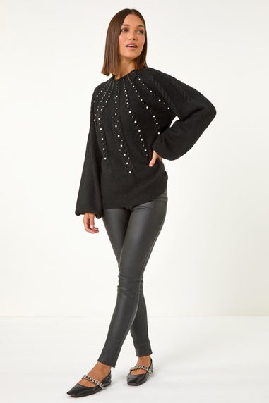 Roman Black Graduated Faux Pearl Cable Knit Jumper