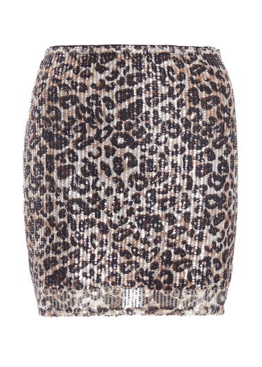 Quiz Brown Sequin Leopard Print Mini Skirt