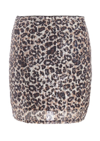 Quiz Brown Sequin Leopard Print Mini Skirt