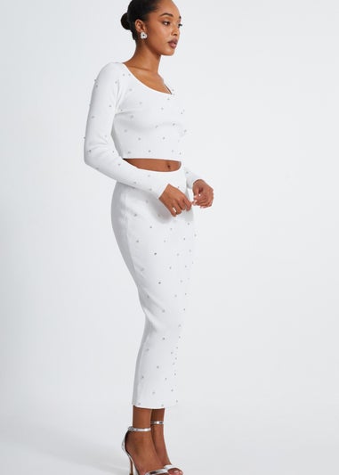 Quiz Cream Knit Diamante Midi Skirt