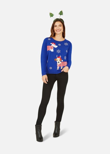 Yumi Blue Christmas Dog Knitted Jumper