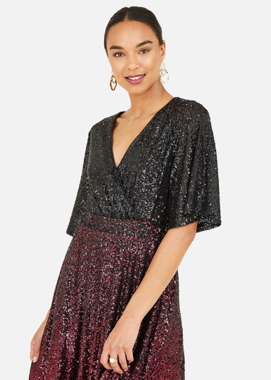 Yumi Red Sequin Ombre Midi Wrap Dress