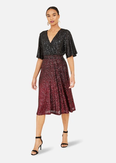 Yumi Red Sequin Ombre Midi Wrap Dress