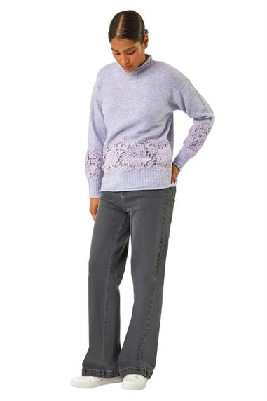 Roman Lavender Lace Detail High Neck Knit Jumper