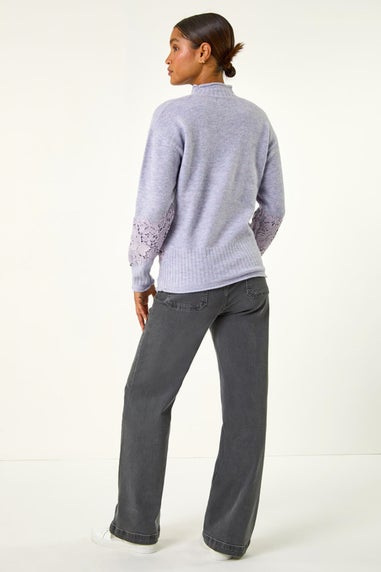 Roman Lavender Lace Detail High Neck Knit Jumper