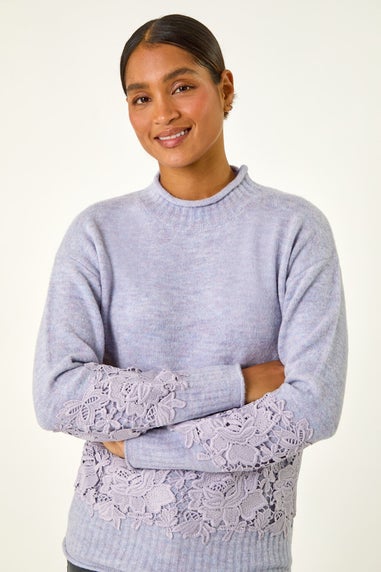 Roman Lavender Lace Detail High Neck Knit Jumper