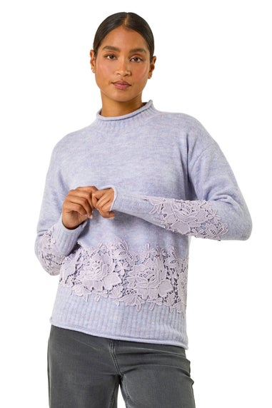Roman Lavender Lace Detail High Neck Knit Jumper