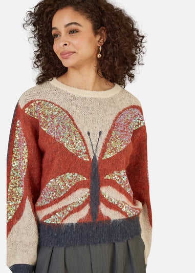 Yumi Brown Butterfly Sequin Knitted Jumper