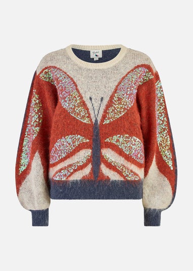 Yumi Brown Butterfly Sequin Knitted Jumper