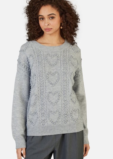 Yumi Grey Heart Knit Relaxed Jumper