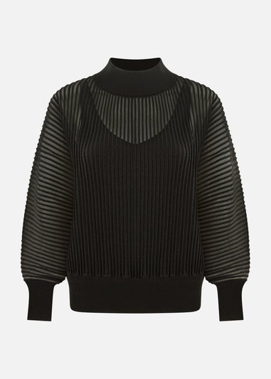 Yumi Black Sheer Roll Neck Jumper With Knitted Vest Top