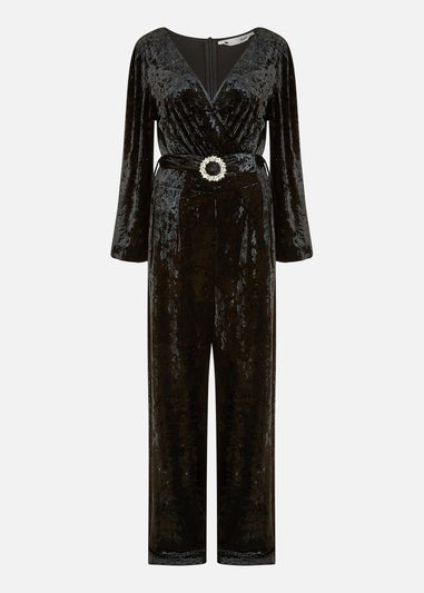 Yumi Black Velvet Long sleeve Jumpsuit With Diamanté Belt