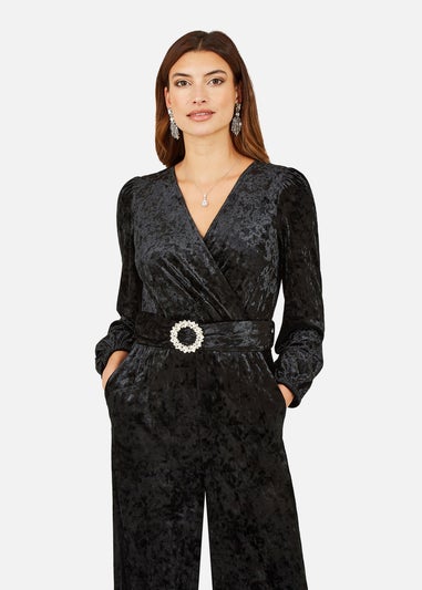 Yumi Black Velvet Long sleeve Jumpsuit With Diamanté Belt