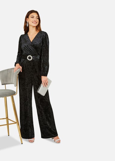 Yumi Black Velvet Long sleeve Jumpsuit With Diamanté Belt
