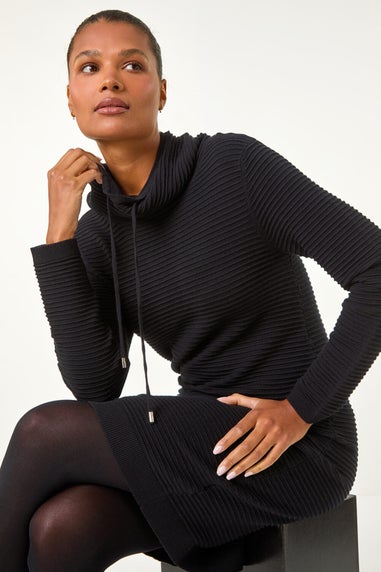 Roman Black Ribbed Cowl Neck Jumper Dress