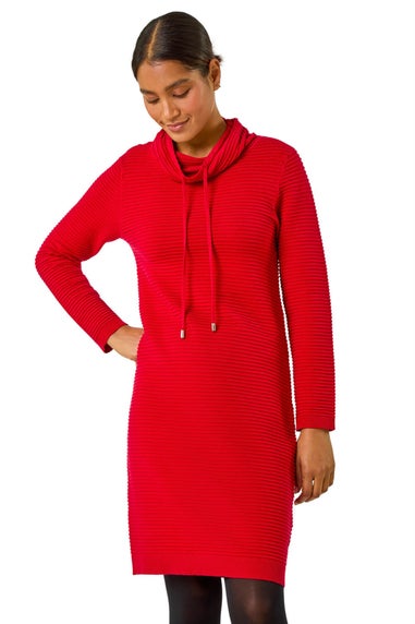 Roman Red Ribbed Cowl Neck Jumper Dress