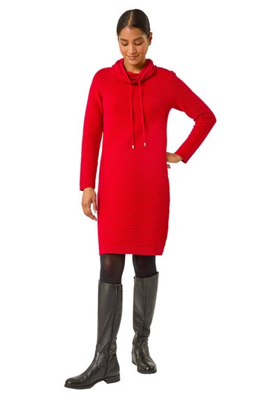 Roman Red Ribbed Cowl Neck Jumper Dress