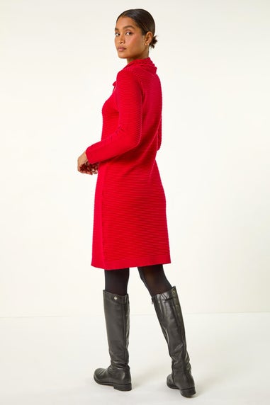 Roman Red Ribbed Cowl Neck Jumper Dress