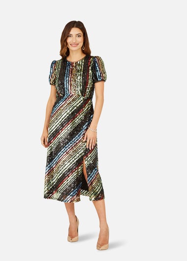 Yumi Multicolour Rainbow Stripe Sequin Midi Dress