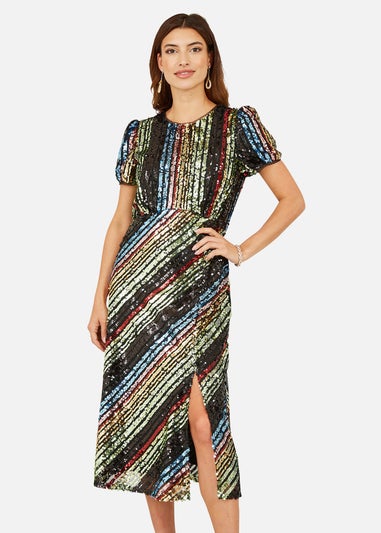 Yumi Multicolour Rainbow Stripe Sequin Midi Dress