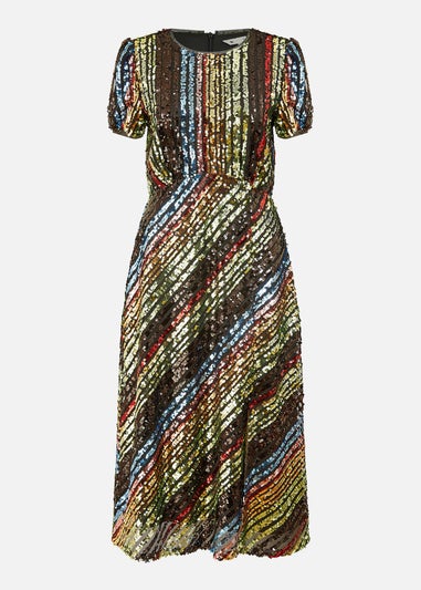 Yumi Multicolour Rainbow Stripe Sequin Midi Dress