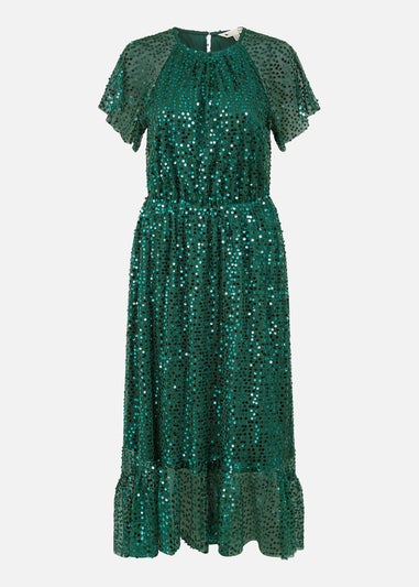 Yumi Green Sequin Angel Sleeve Midi Dress