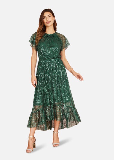 Yumi Green Sequin Angel Sleeve Midi Dress