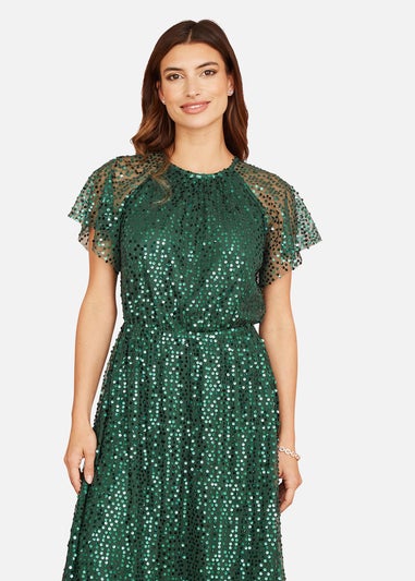 Yumi Green Sequin Angel Sleeve Midi Dress