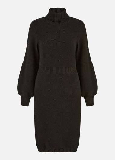 Yumi Black Roll Neck Knitted Dress With Fitted Waist